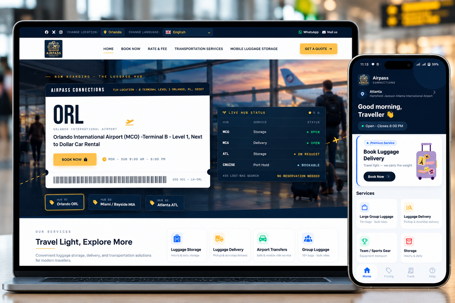 Real Airpass Connections homepage showing its Orlando luggage hub and booking access